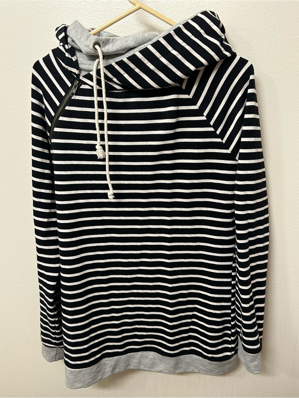 Striped Black & White Hoodie with Drawstring & Layered Hood - Picture 1 of 4